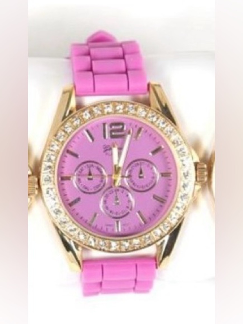 Geneva Platinum Gold-Tone Case Watch with Pink Dial and Pink Silicone Strap